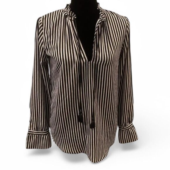 Ann Taylor Petite Stripe Tassel Blouse PM Ruffle Cuff Black White Vertical - Picture 2 of 9